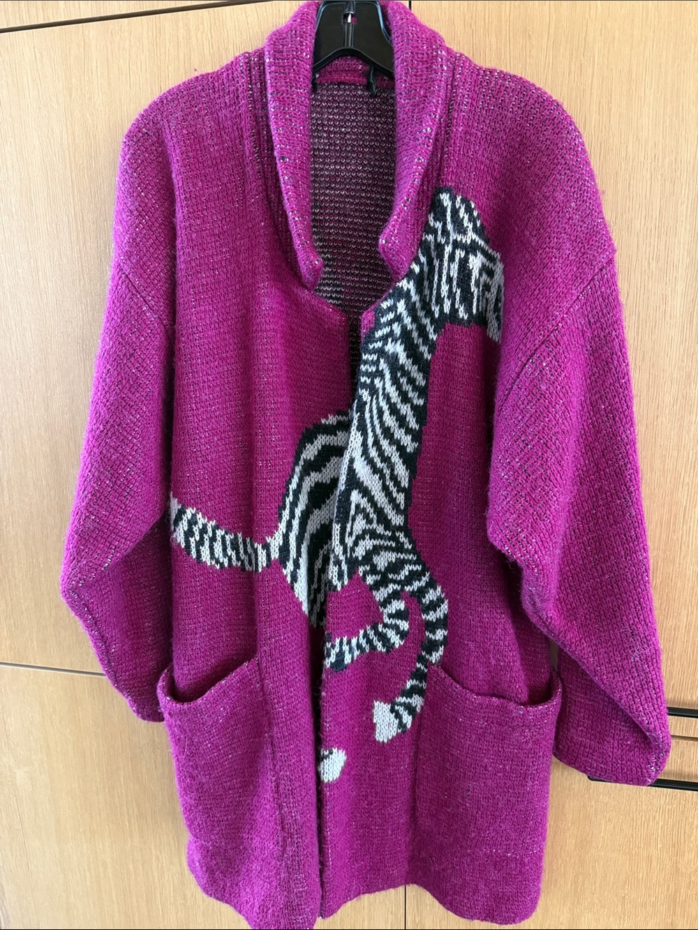 Vintage Zebra Open Cardigan Wool Mohair Blend Magenta Intarsia Knit Large